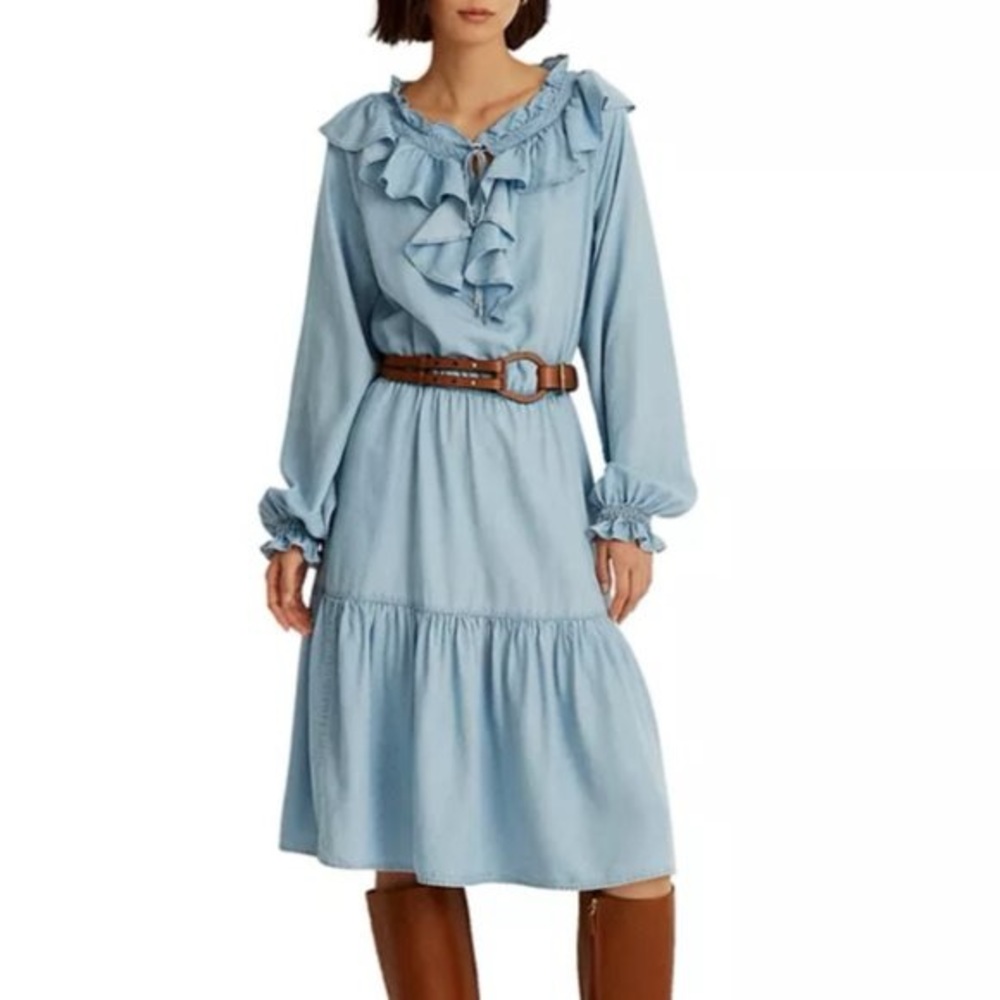 Lauren Ralph Lauren Women's Chambray Tiered Ruffle Prairie Dress NWT
